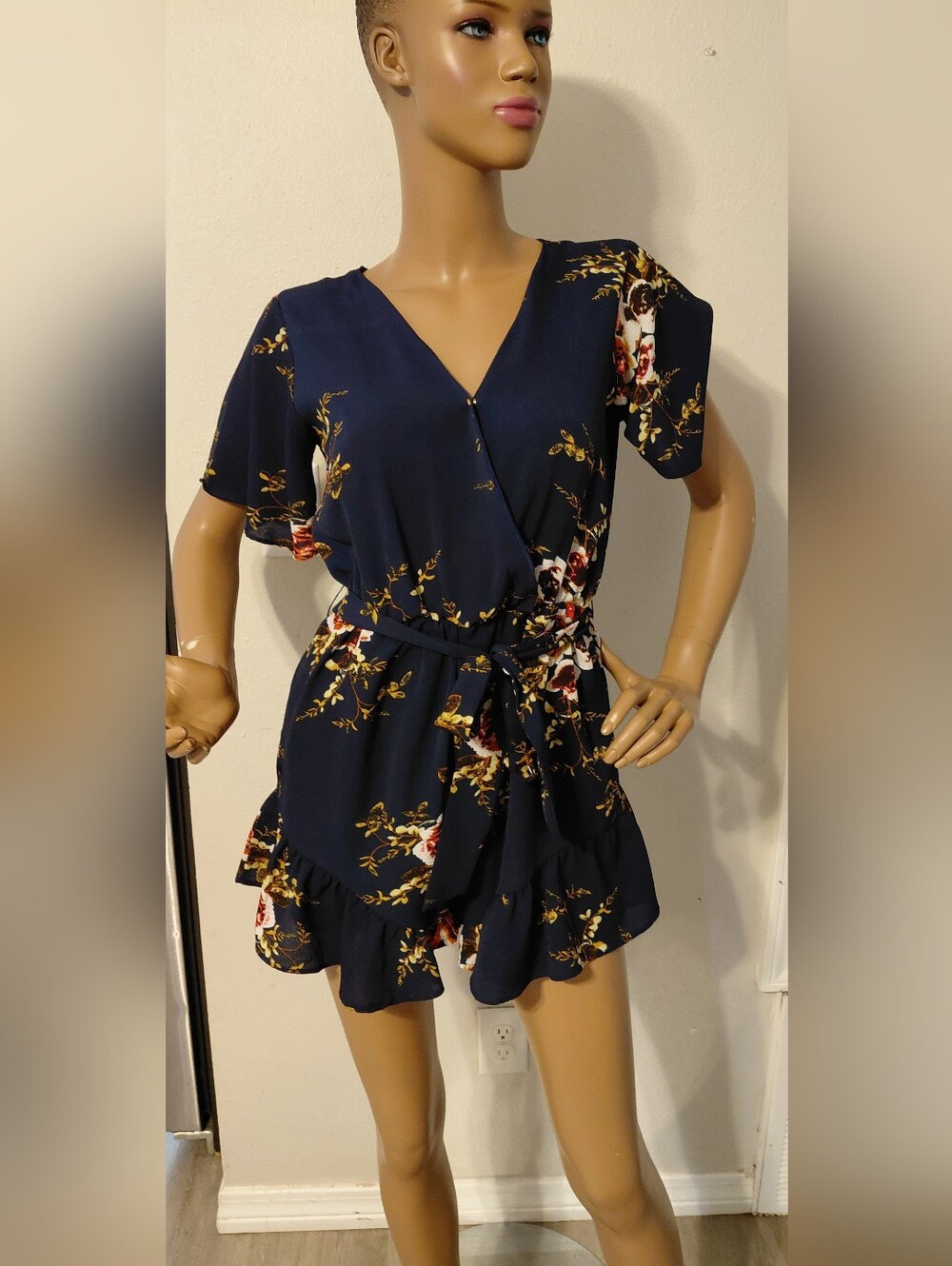 DAVI & DANI Navy Floral Wrap Mini Romper with Tie